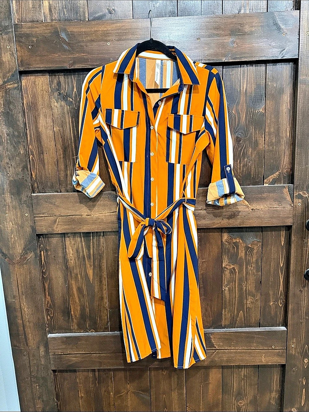 M Collection Striped Button Up Dress in Orange & Blue Size Medium